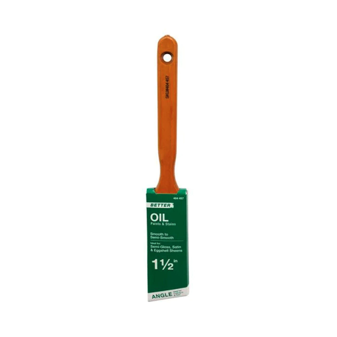 The Go Build 1-1/2 in. Angled Oil Polyester/Natural Bristle Blend Paint Brush is ideal for oil-based paints and stains, featuring a wooden handle and a green Better Oil label.